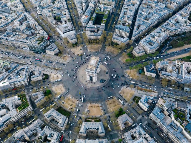 Overhead view of a road roundabout in Paris.